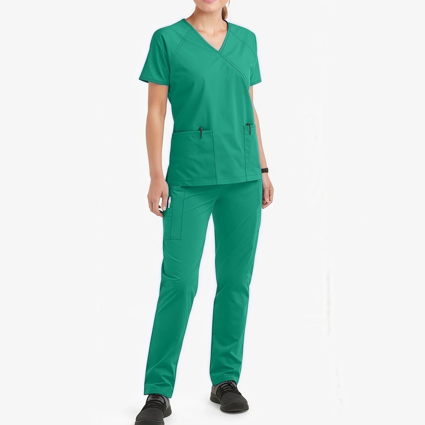 Women's Nurse Scrub Set V-Neck Short Sleeve Multi-Color Zipper Pocket Long Pants Medical Uniform Cozy Professional Workwear
