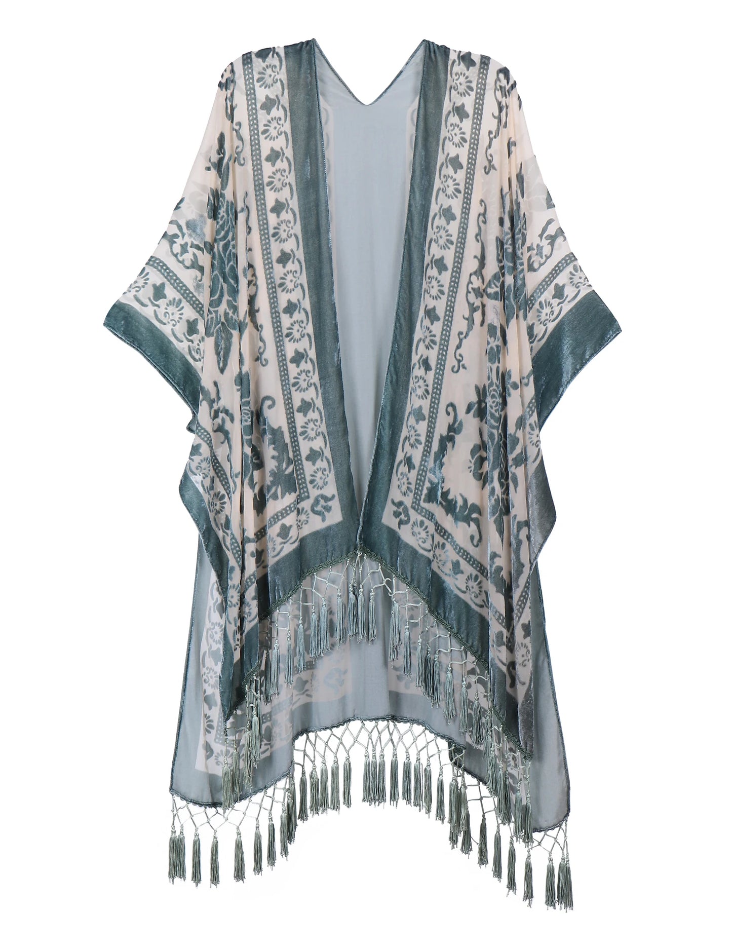 WeHello Women's Burnout Velvet Kimono Long Cardigan Cover Up with Tassel