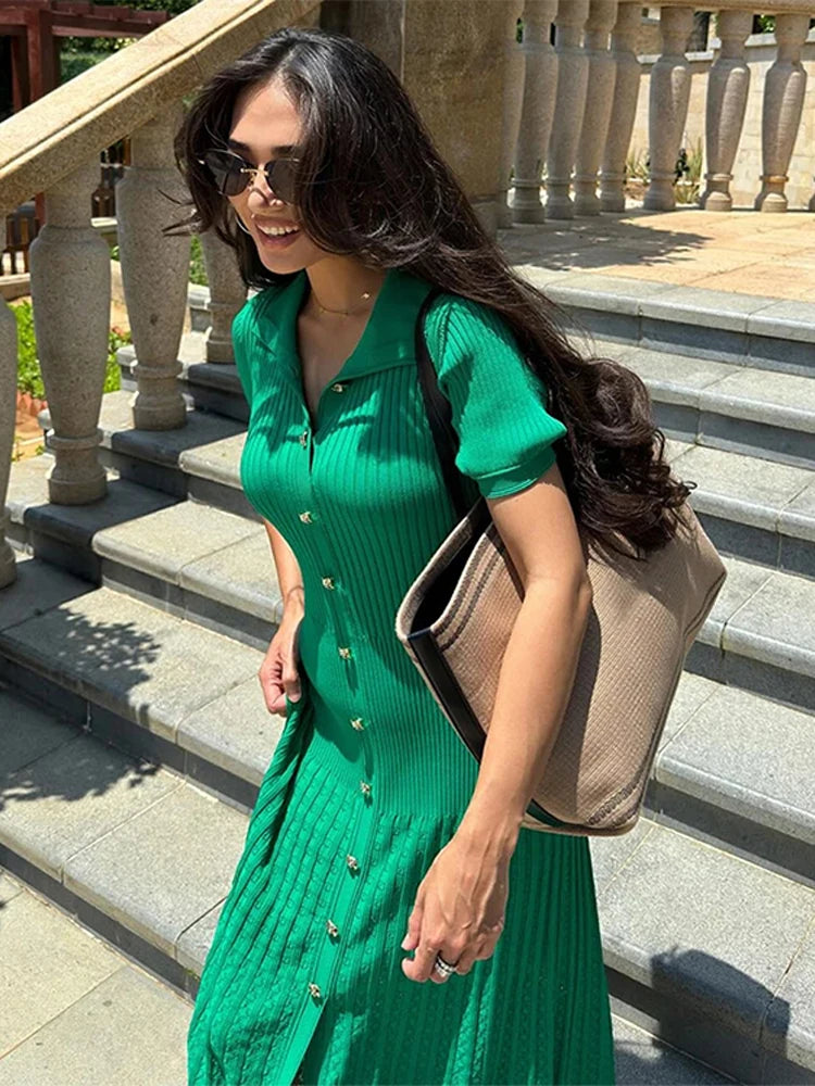 Elegant Knitted Dress Women Solid Single Breasted O Neck Short Sleeve High Waist Hip