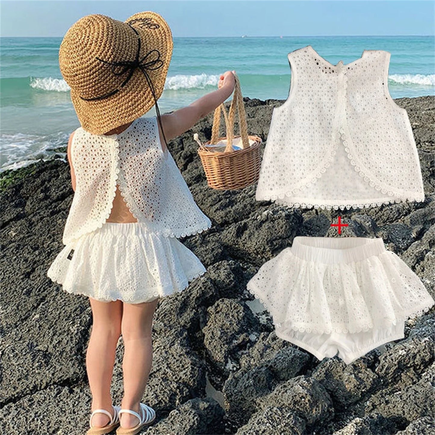 Girls 2025 Summer Clothing Sets Hollow Lace Suit Baby Casual Sleeveless