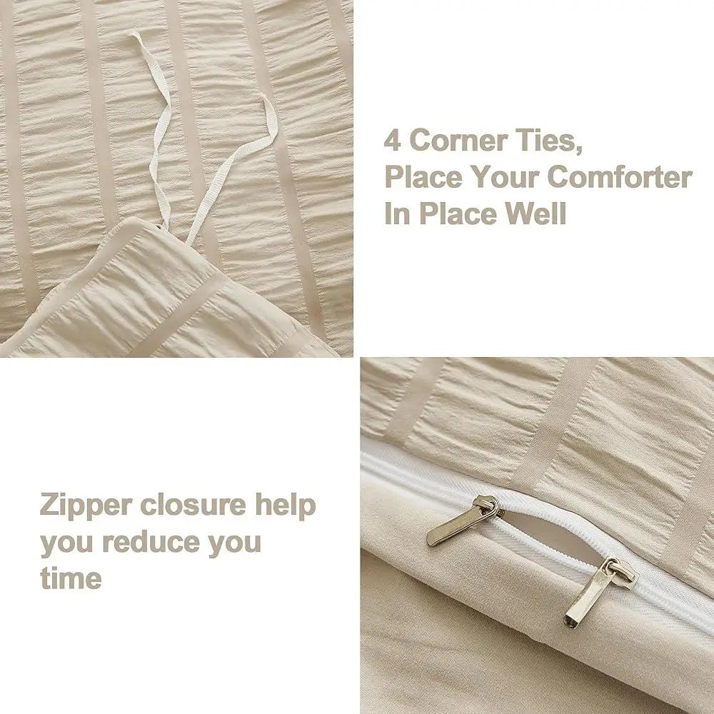 Ultra Soft Seersucker Duvet Cover Set King Size 3 Pieces Wrinkled Microfiber