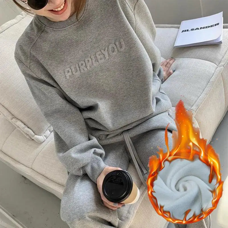 Women Fleece Tracksuit Sets Winter Long Sleeve Sweatshirts Jogger Pant