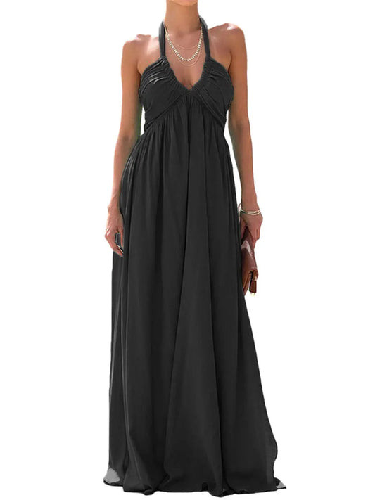 Women Summer Casual Long Dress Solid Color Tie-Up Halter Neck Sleeveless