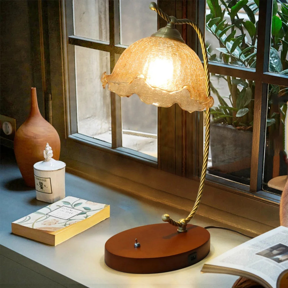 Mid-Century Glass Flower Desk Lamp for Bedside Table Lighting