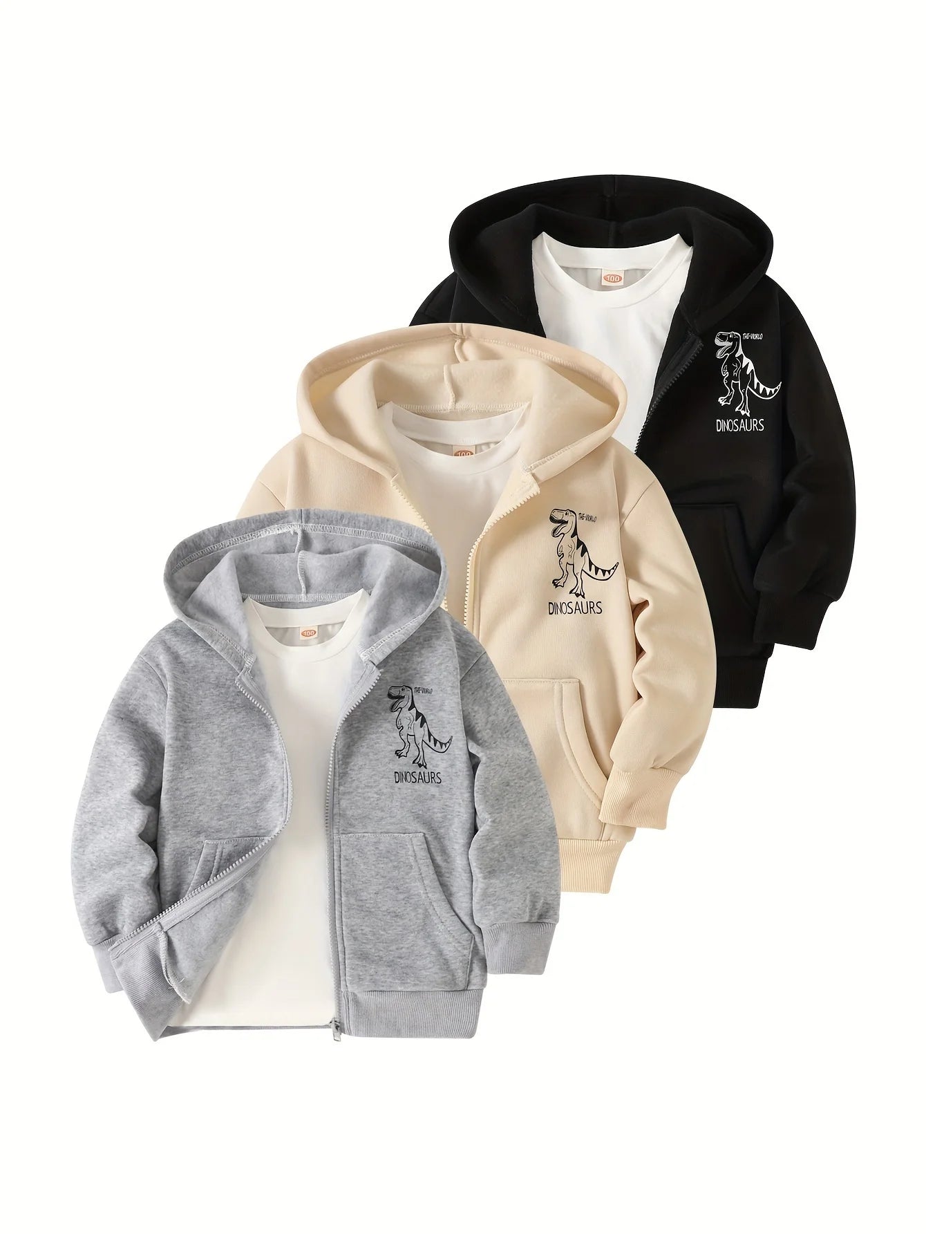 3 Pack Boys Dinosaur Hooded Jacket Zip Up Outerwear Autumn Winter Casual Playwear