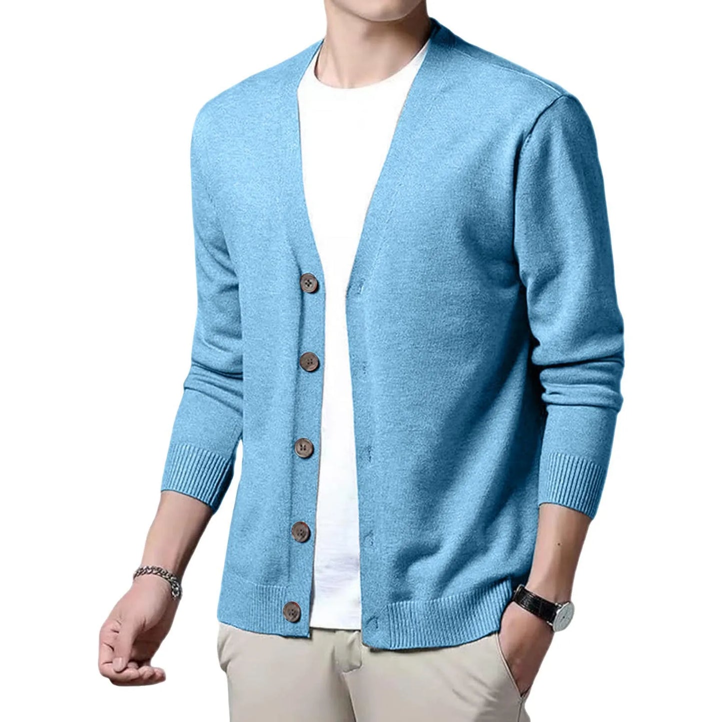 Men's V Neck Cardigan Sweater Coat Single Breasted Ribbed