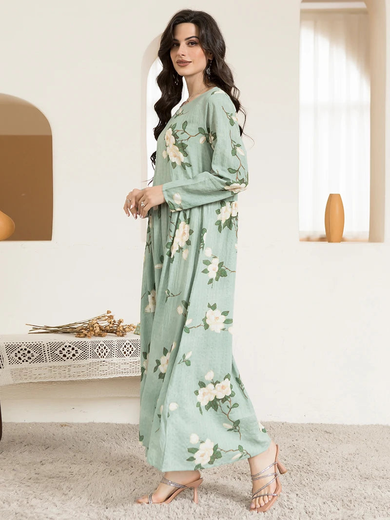 Casual Round Neck Floral Print Wrinkle Spliced Long Dress Mint Green,