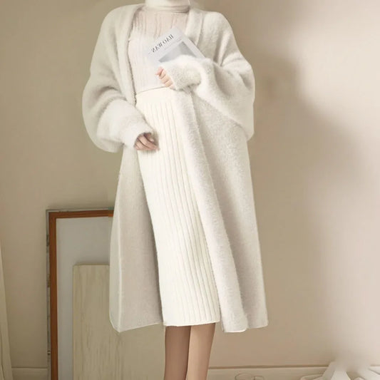 Fluffy Knitted Long Sleeve Cashmere Cardigan For Women Winter