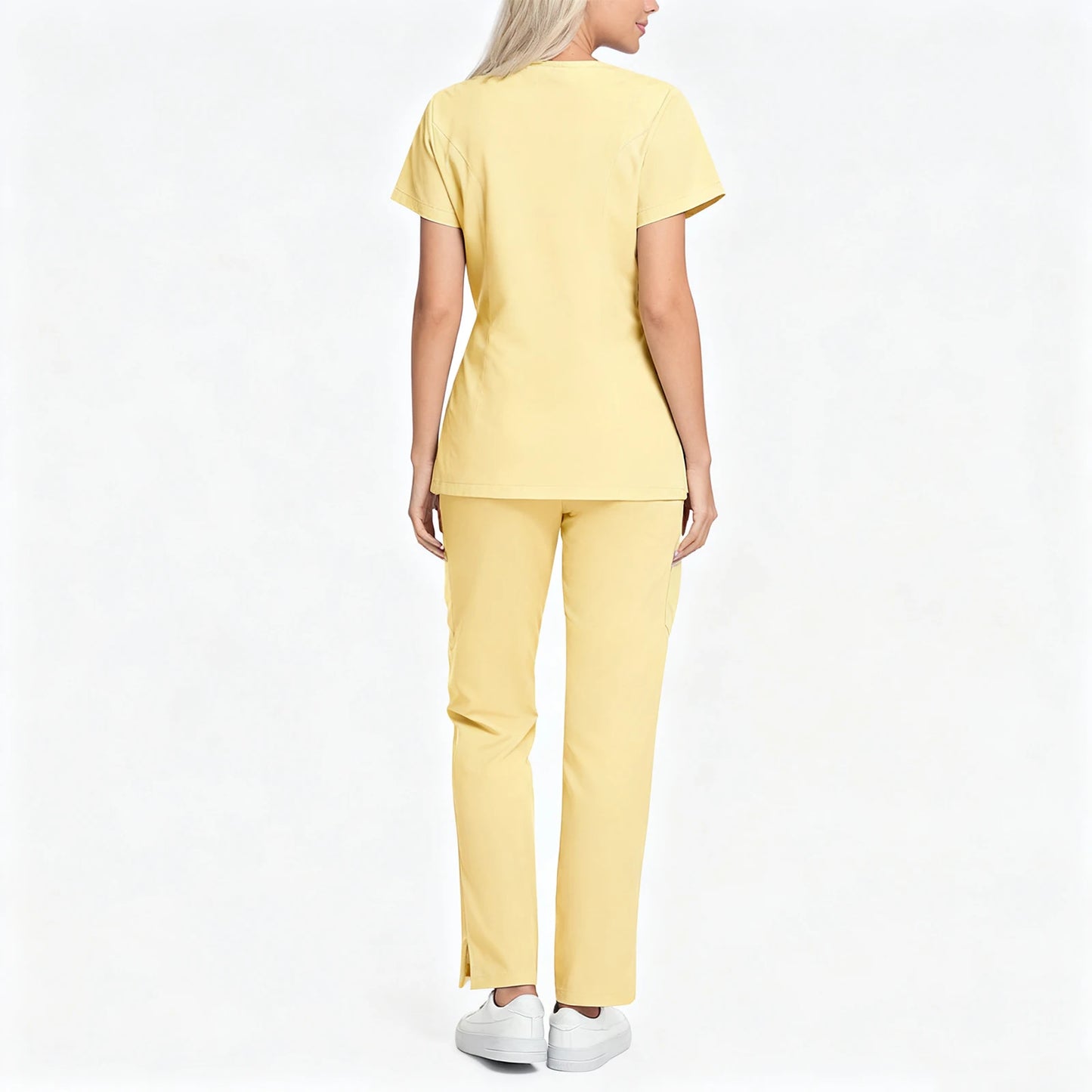 Scrub Set V-Neck Short Sleeve Zipper Multi-Pocket Solid Color Medical Uniform