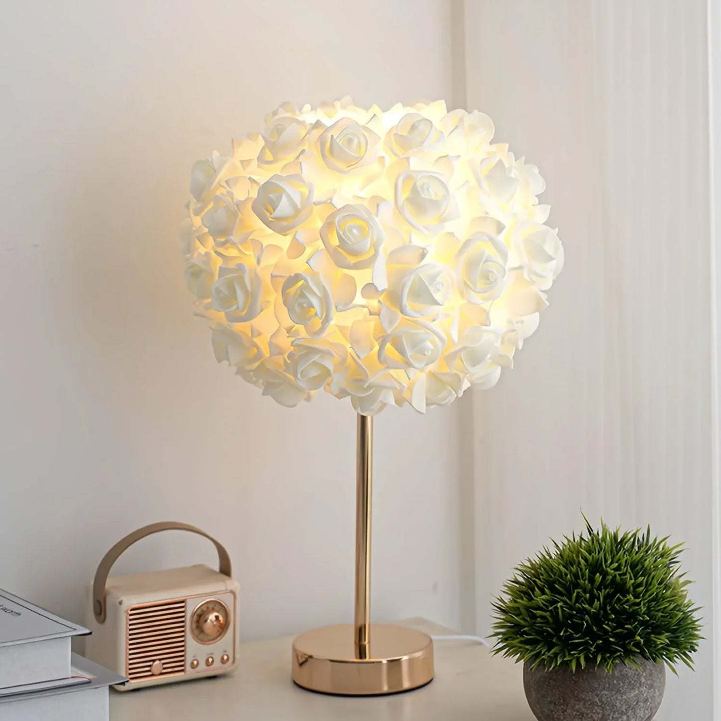 High End LED Table Lamp With Rose Flower Shade And Polished Metal Base