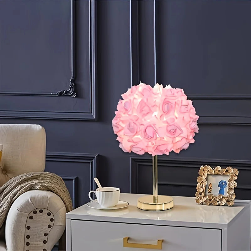 High End LED Table Lamp With Rose Flower Shade And Polished Metal Base