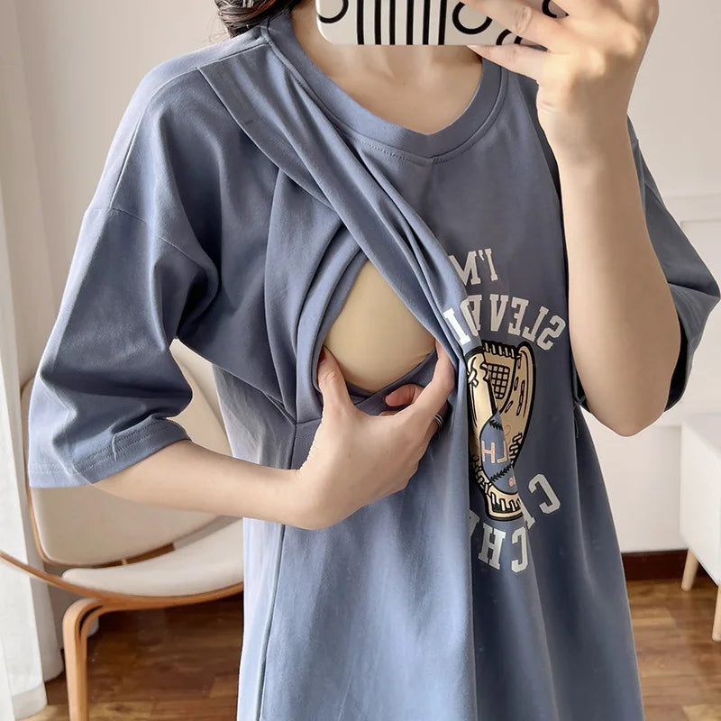 Maternity Dress Breastfeeding Summer For Women Cotton Pregnant Nursing Dresses Loose Casual