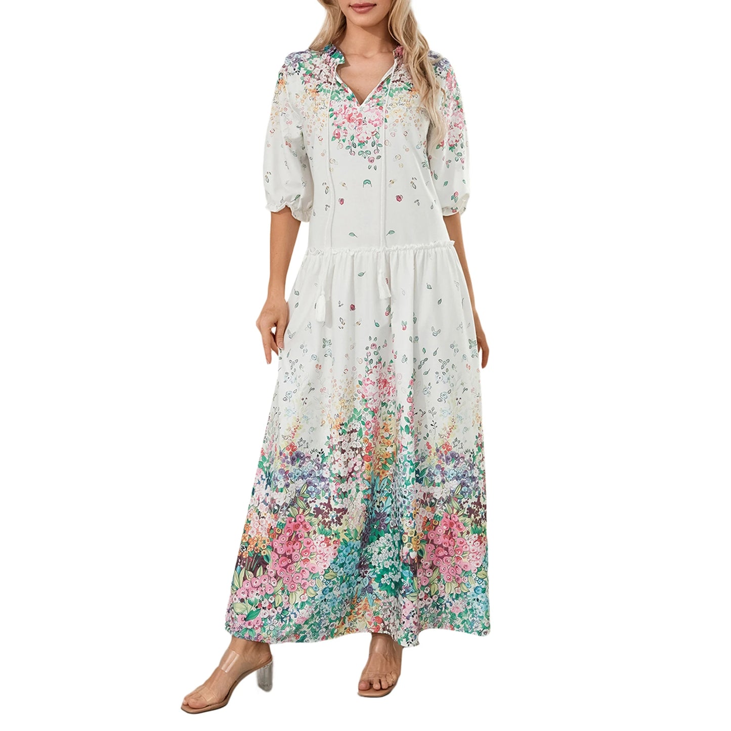 Women Long Dress Elegant Short Sleeve V Neck Flower Graphic Print