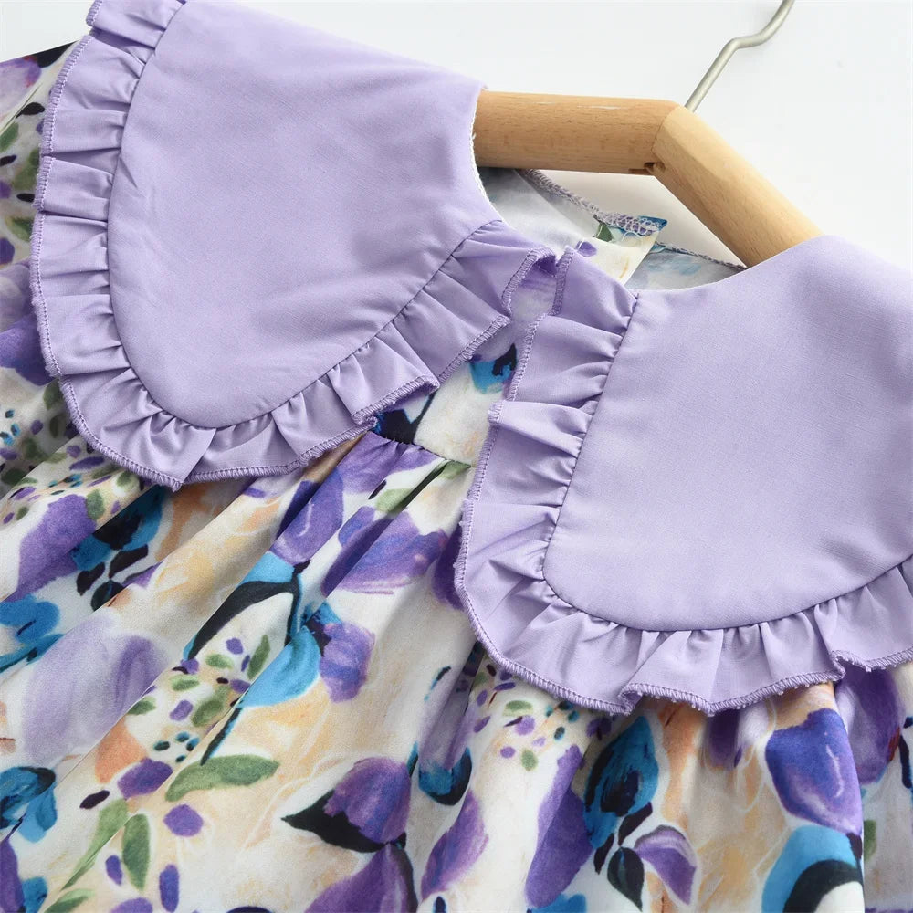 Girls Casual Dresses Purple Flower Print Lace Lapel Puff Sleeves