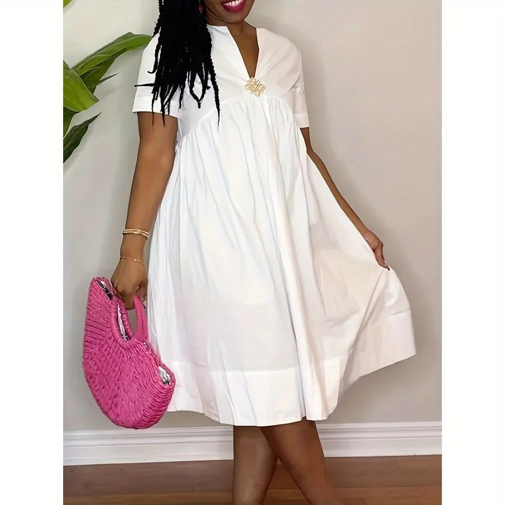 Casual Short Sleeve V Neck A Line Shirt Dress Polyester