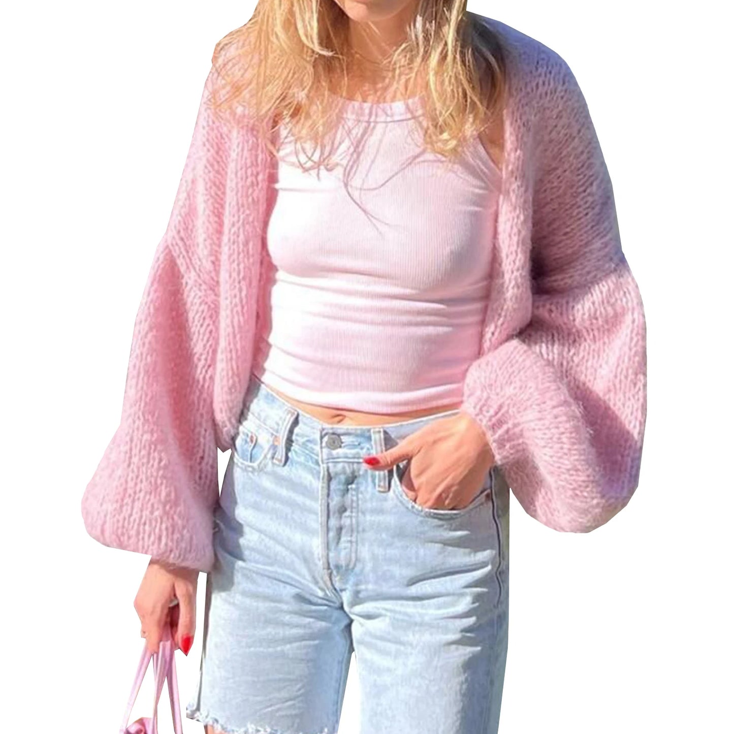 Knit Cardigan Open Front Long Puff Sleeve Women Jacket