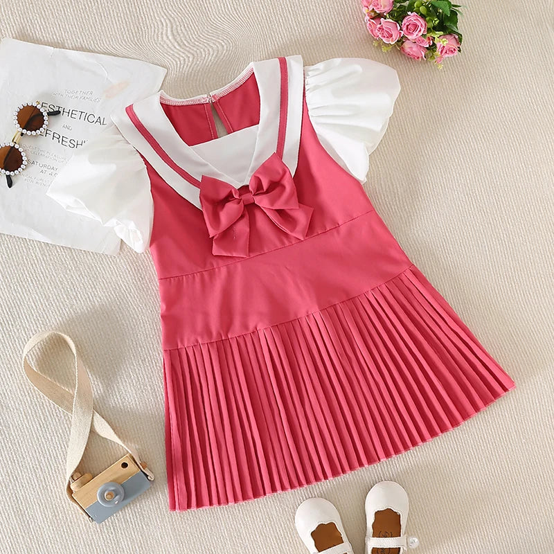 Youthful Girl s Summer Dress with Short Puff Sleeves V-Neckline and Bow Detail