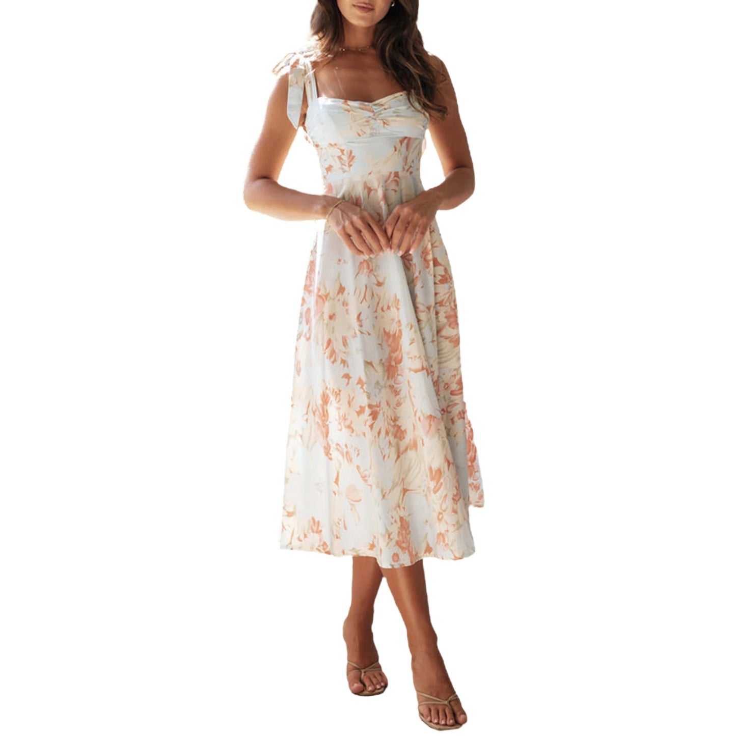 Women Sling Dress Sleeveless Low-cut Tie-up Flower Print Summer Long Dress