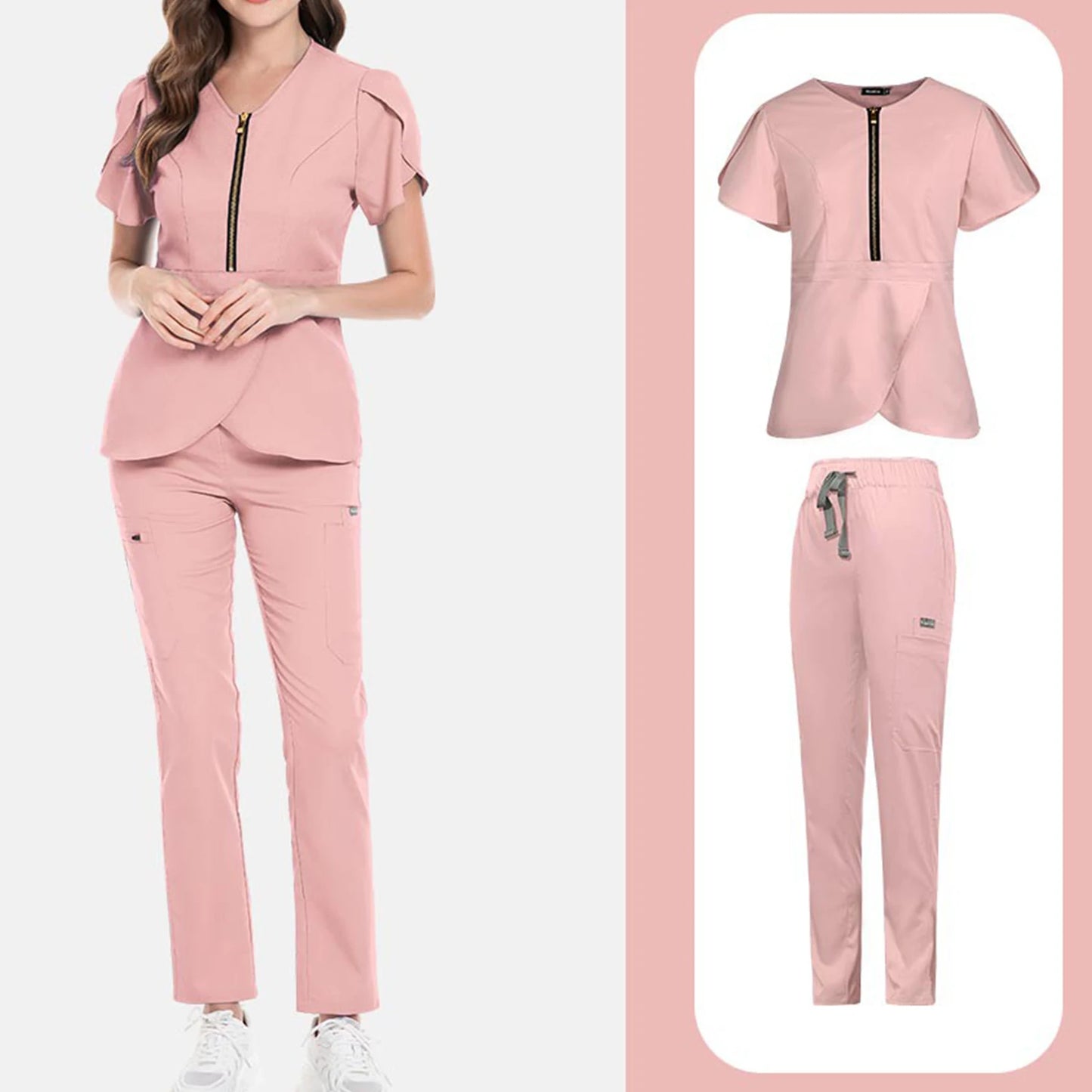 Women's Nurse Scrub Set V-Neck Short Sleeve Zipper Ruffle Sleeve Multi-Color Long Pants