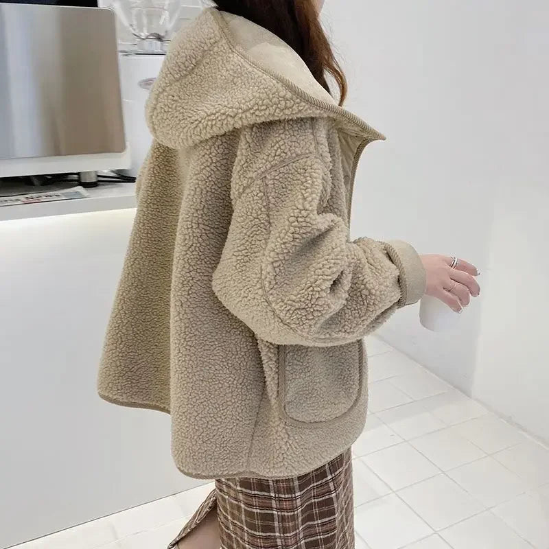 Ladies Winter Thickened Lamb Fur Jacket Hooded Coat Korean Style Loose Casual