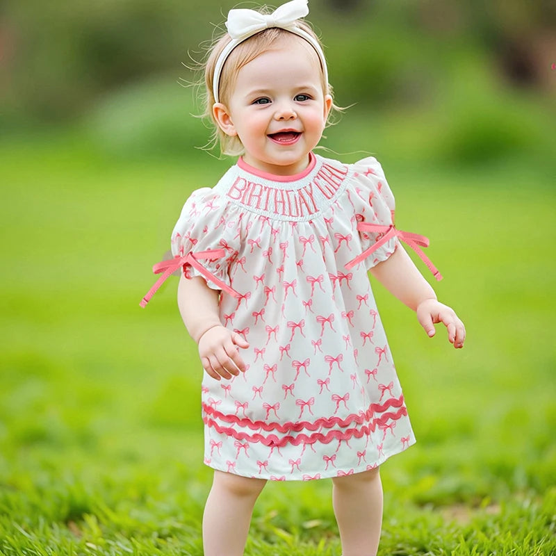 Toddler Girl Birthday Dress with Puff Sleeves and Embroidered Letters Smocked