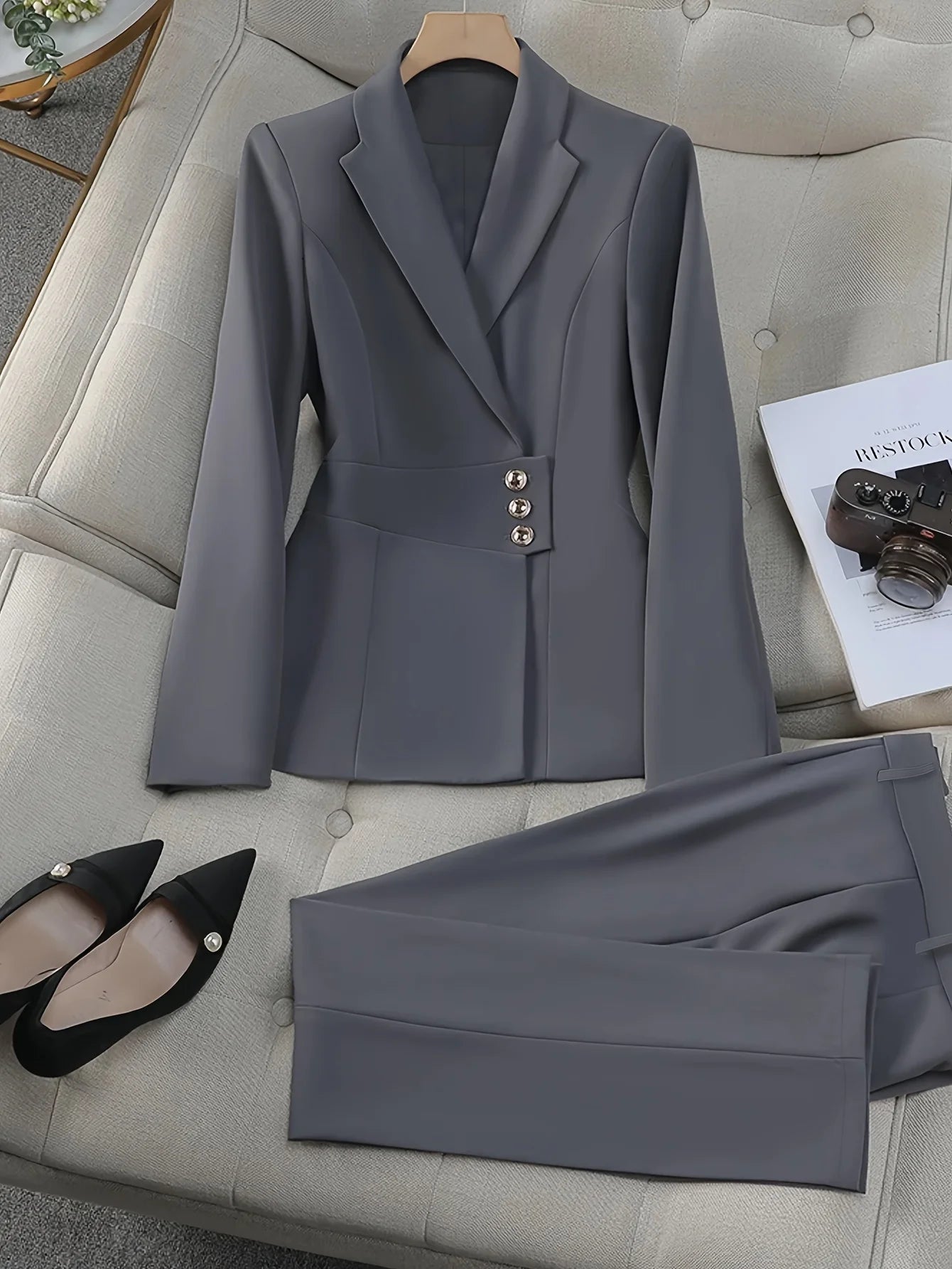 Solid color commuting business professional fashion elegant simple office suit jacket pants suit