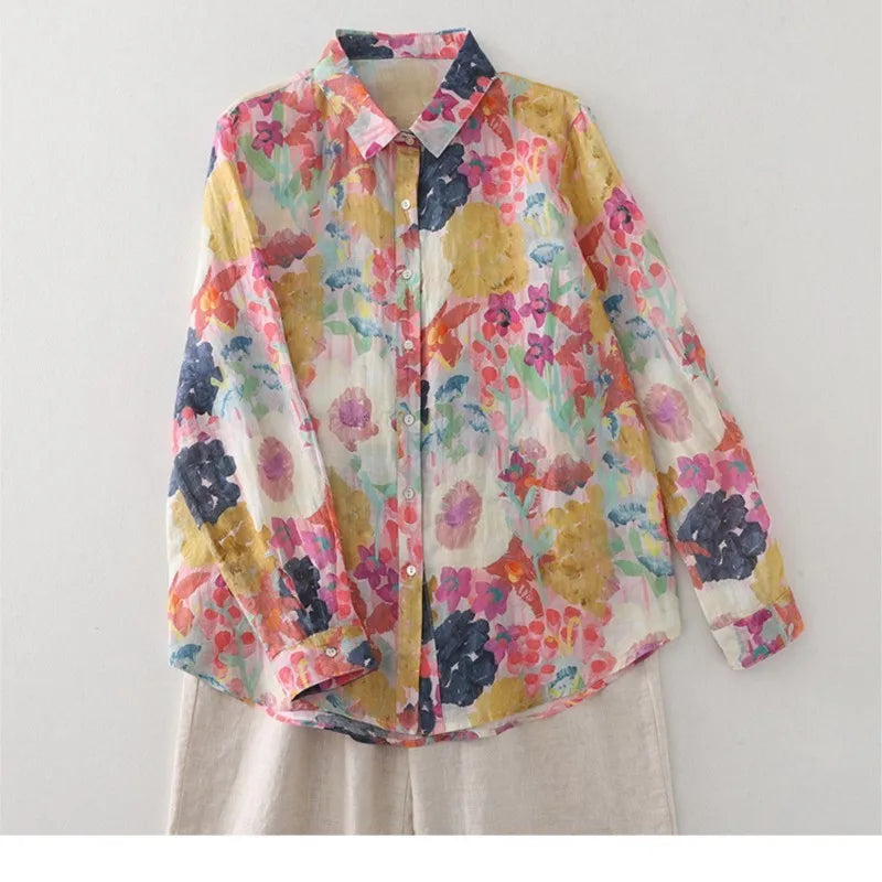 Women Cotton Linen Floral French Artistic Print Shirt Top For Autumn