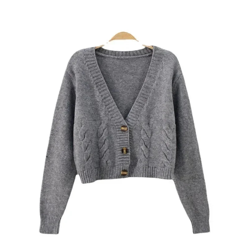 Women Long-Sleeve Cardigan Knitted Sweater Open Stitch V-Neck