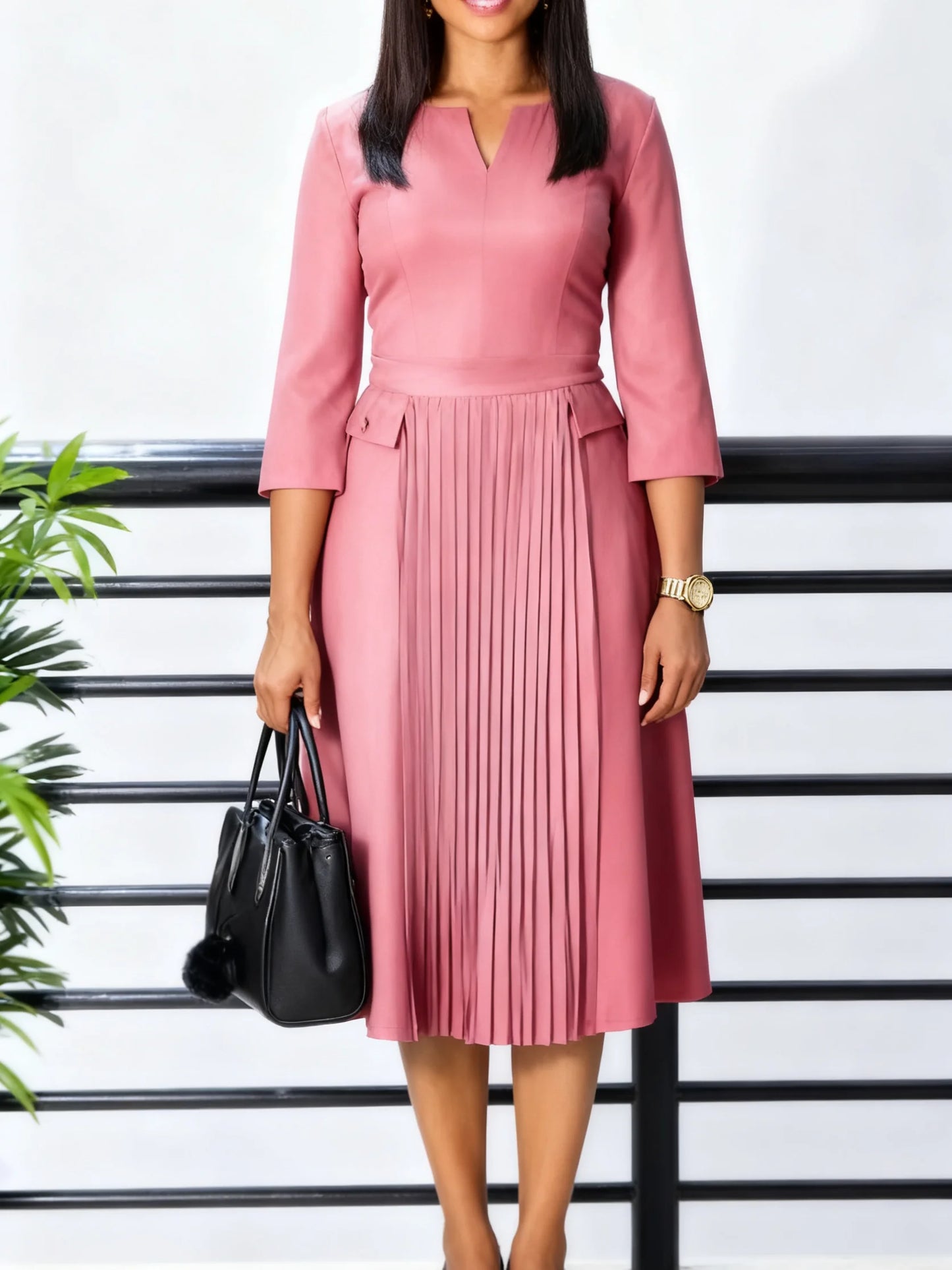 Women's Elegant A-Line Midi Dress - 34 Sleeve Small V-Neck Church Wedding