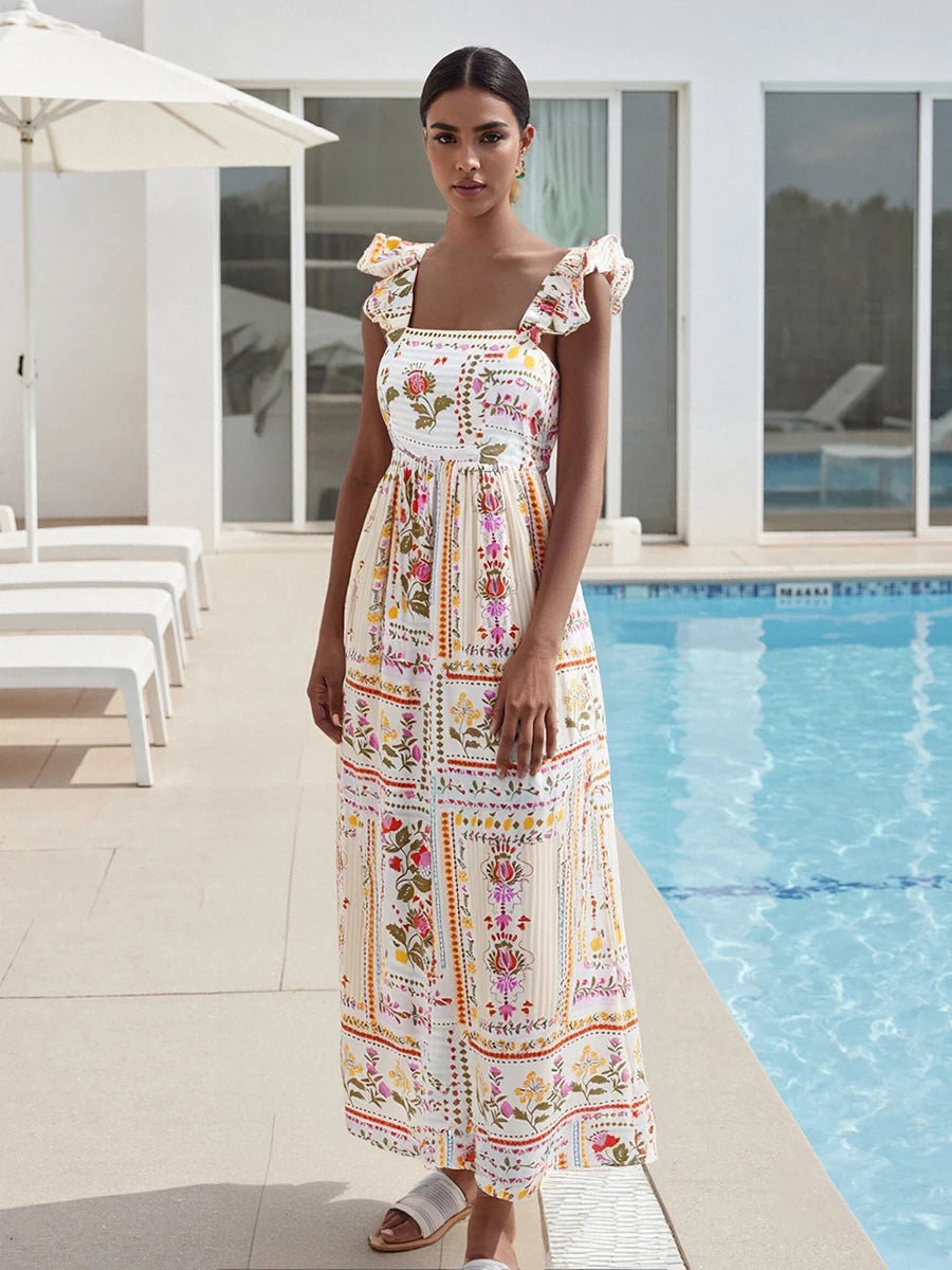 Elegant Vintage Style Sleeveless Floral Print Square Neck Midi Dress with Adjustable Straps