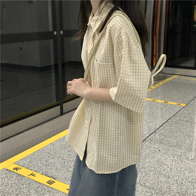Plaid Shirts for Women Youthful Commuting Fresh Pocket Summer Short Sleeve