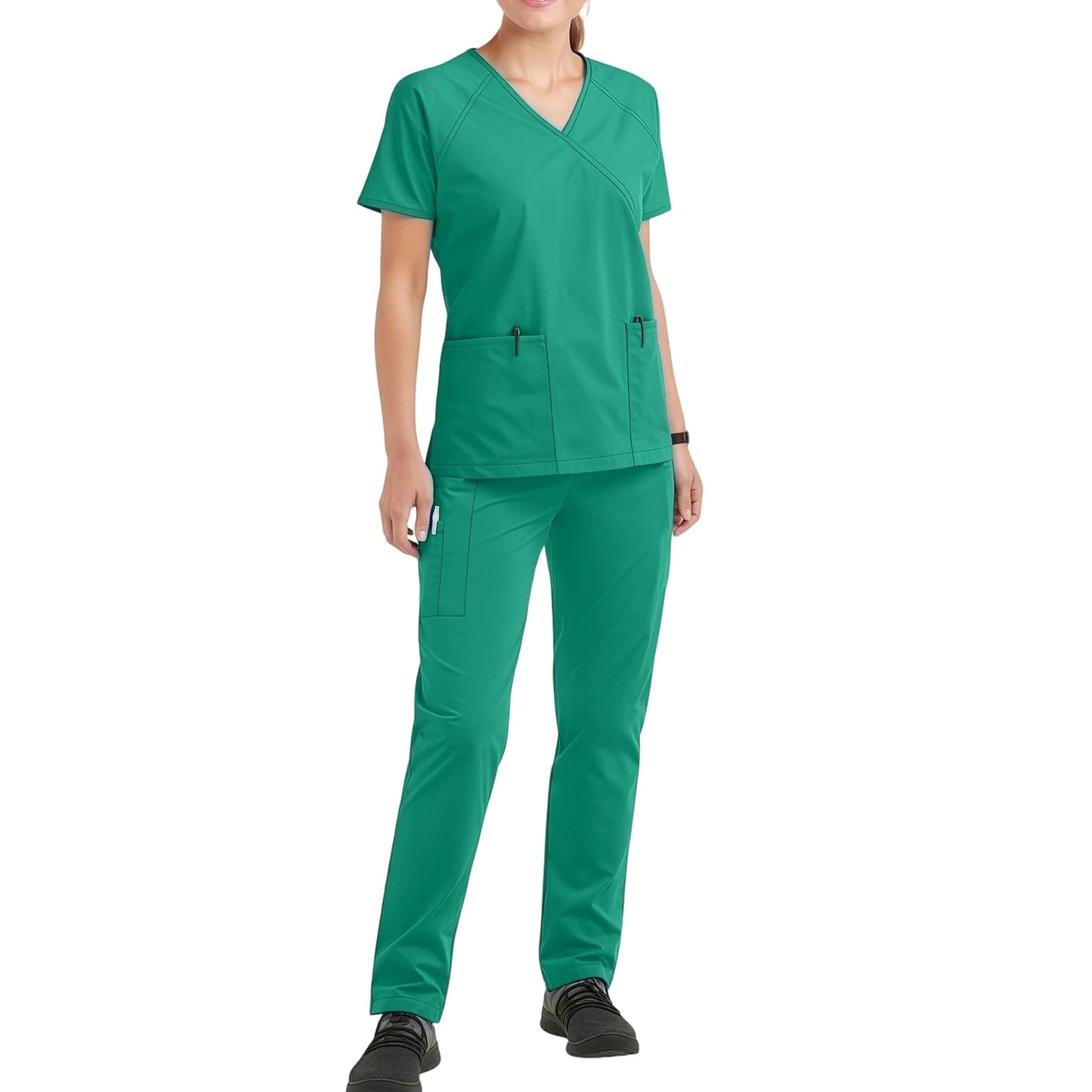 Women's Nurse Scrub Set V-Neck Short Sleeve Multi-Color Zipper Pocket Long Pants Medical Uniform Cozy Professional Workwear