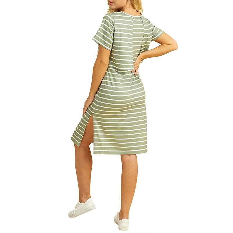 Breastfeeding Dress Short Sleeve Striped Nursing Dress For Breastfeeding