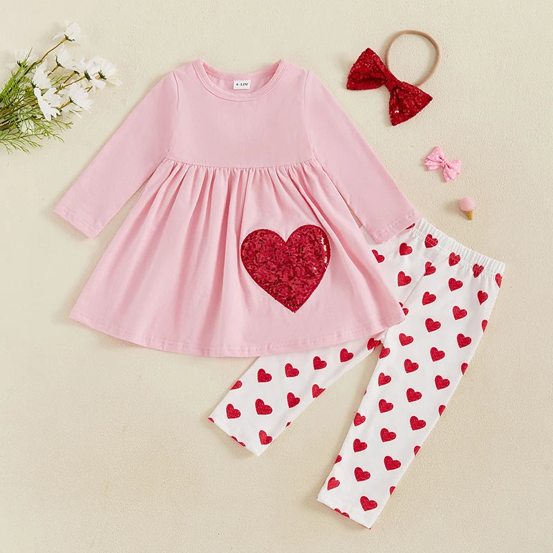 Cute Baby Girl Autumn Ensemble Glitter Heart Print Dress Cozy Pants