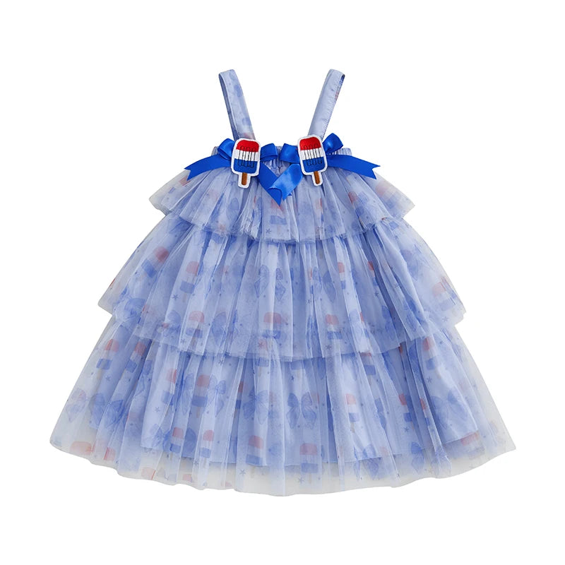 Toddler Girl Independence Day Patriotic Stars and Stripes Sleeveless Tulle Dress
