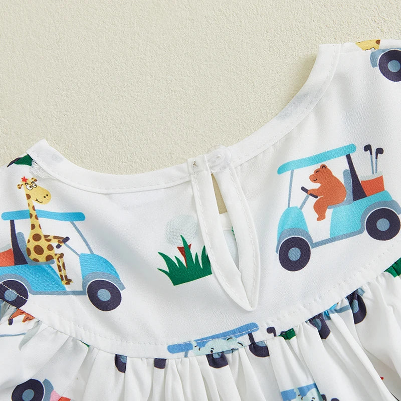 Girls Summer Sleeveless Round Neck Floral Print A-line Dress with Bow Detail and Ruffle Hem