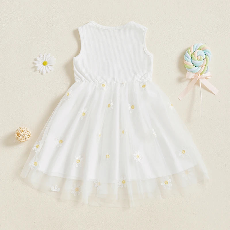 Floral Embroidered Sleeveless Tulle Dress with Round Neckline for Little Girls -