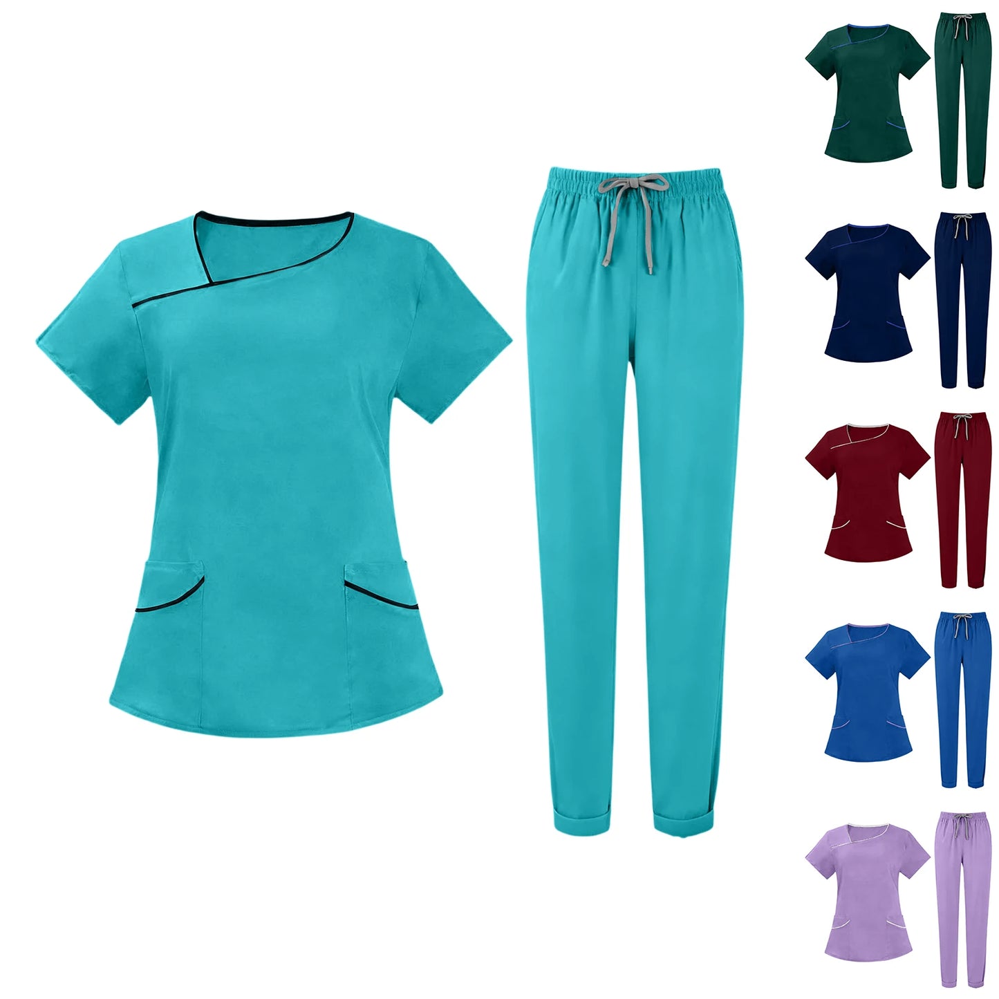 Women's Nurse Scrub Set Asymmetric Neck Short Sleeve Multi-Color Contrast Pocket Long Pants Medical Cozy Professional Workwear