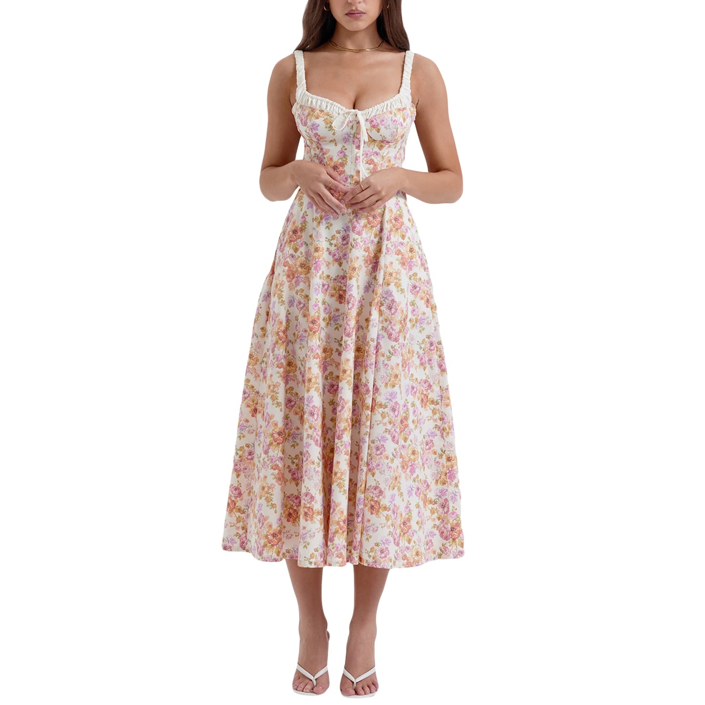 Women Summer Casual Midi Dress Floral Print Low-Cut Sleeveless