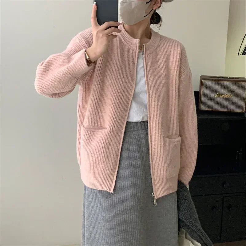 Cozy Knit Cardigan Jacket With Double Zipper For Autumn Winter