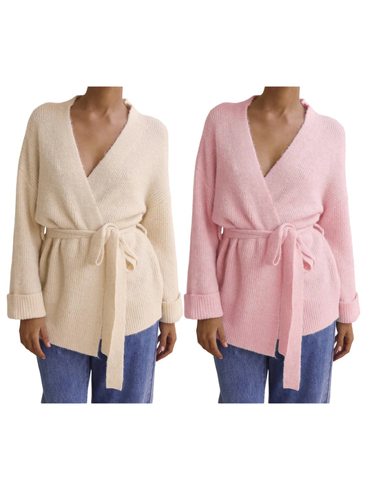 Women Open Front Belted Cardigan Long Sleeve V Neck Sweater