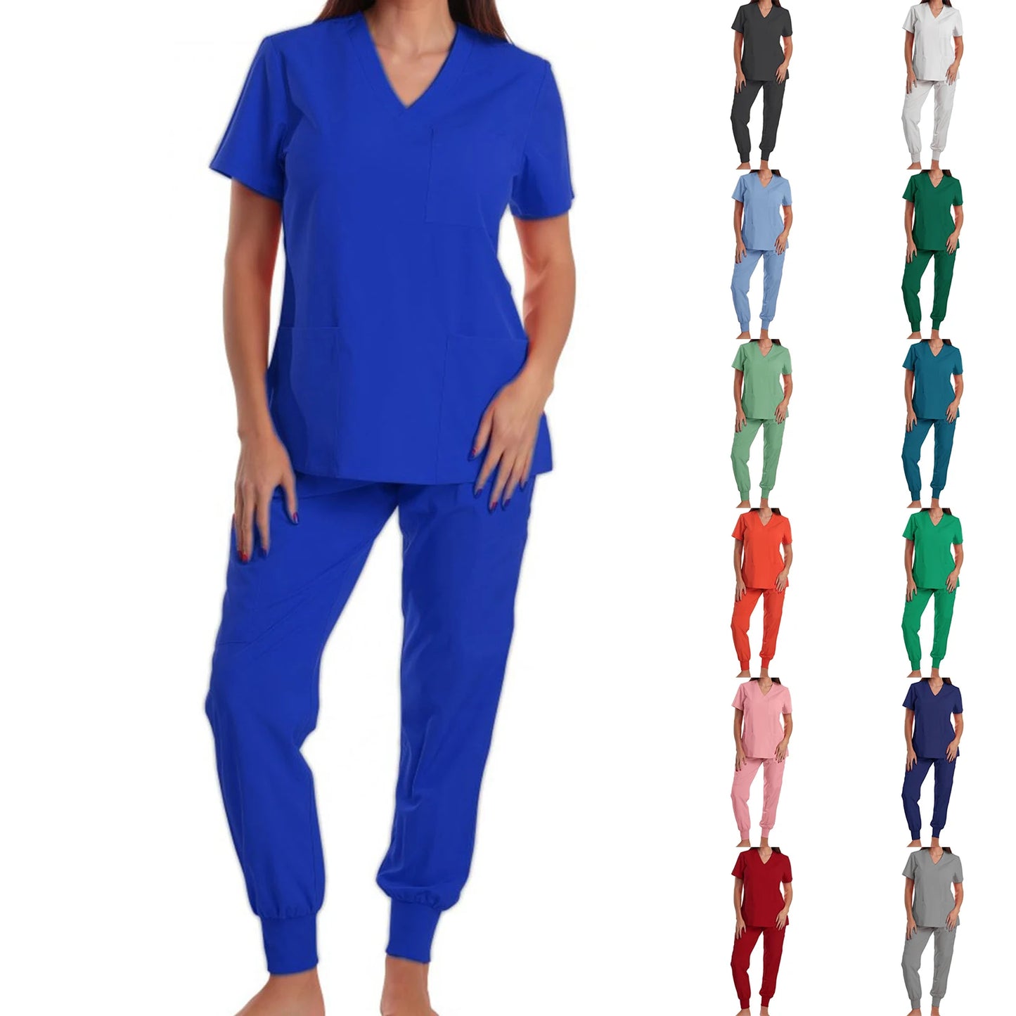 Nurse Scrub Set V Neck Short Sleeve Multicolor Jogger Pants Medical Uniform