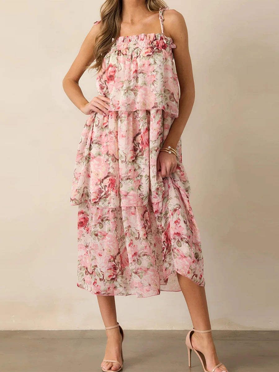 Women s Boho Floral Print Sleeveless Maxi Dress with V-Neckline and Tiered Ruffle Hem