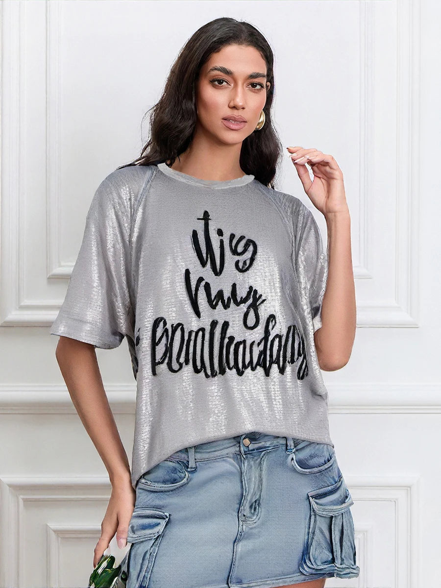 Sequin Embellished Short Sleeve Tunic Dress with Round Neckline