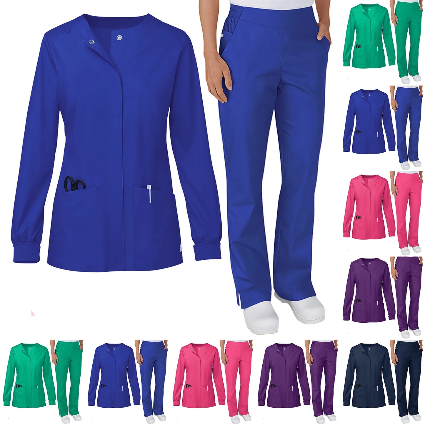 Fabri Nurse Scrub Set Stand Collar Long Sleeve Button Front