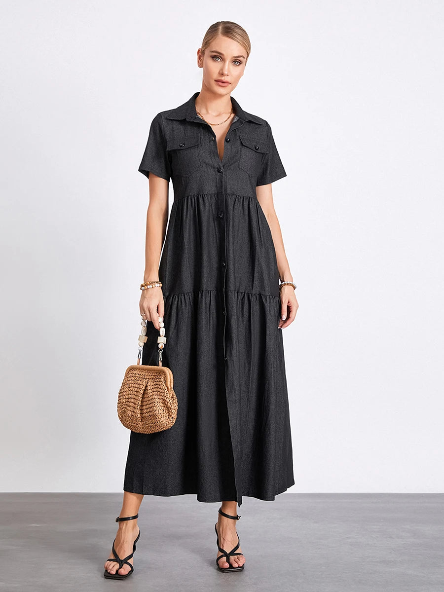 Women s Plus Size Denim Dress Short Sleeve Turn Down Collar