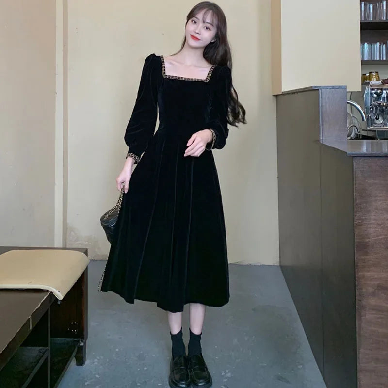 Velvet French Style Square Collar Dress For Women Autumn Winter