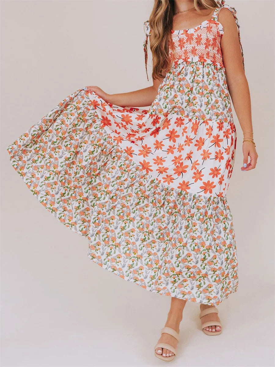 Women s Boho Maxi Dress with Ruffle Hem and Adjustable Spaghetti Straps