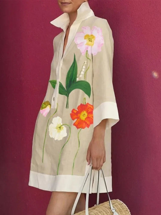 Elegant Flower Printed Women Dress With Long Sleeves Polyester Cotton