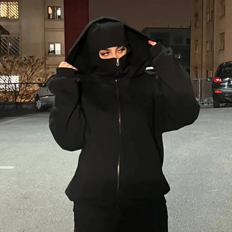 Men Hip Hop Double Hat Balaclava Hoodie Windproof Zipper Face Mask Sweatshirt